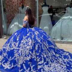 Misshow Royal Blue Ball Gown Off-Shoulder Lace Applique Beaded Tulle Quinceanera Dress for Prom Sweet 16 & Formal Events