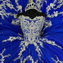 Misshow Royal Blue Ball Gown Off-Shoulder Lace Applique Beaded Tulle Quinceanera Dress for Prom Sweet 16 & Formal Events
