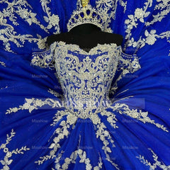 Misshow Royal Blue Ball Gown Off-Shoulder Lace Applique Beaded Tulle Quinceanera Dress for Prom Sweet 16 & Formal Events