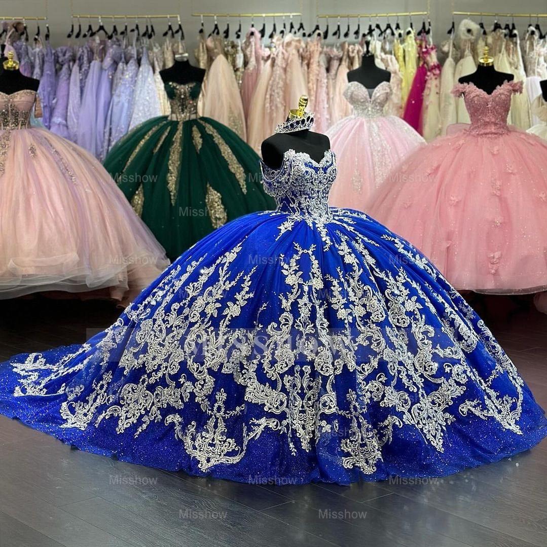 Misshow Royal Blue Ball Gown Off-Shoulder Lace Applique Beaded Tulle Quinceanera Dress for Prom Sweet 16 & Formal Events