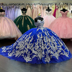 Misshow Royal Blue Ball Gown Off-Shoulder Lace Applique Beaded Tulle Quinceanera Dress for Prom Sweet 16 & Formal Events