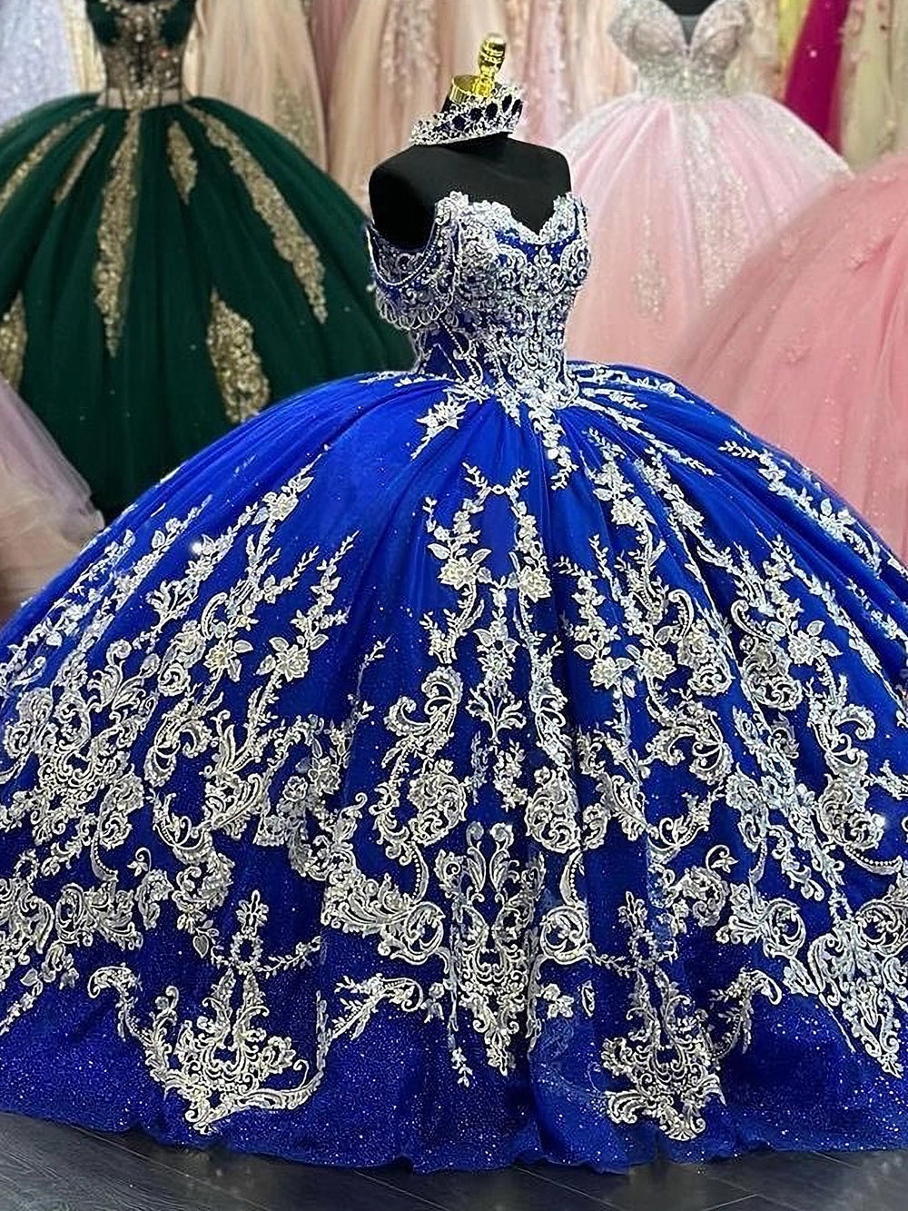 Misshow Royal Blue Ball Gown Off-Shoulder Lace Applique Beaded Tulle Quinceanera Dress for Prom Sweet 16 & Formal Events