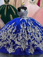 Misshow Royal Blue Ball Gown Off-Shoulder Lace Applique Beaded Tulle Quinceanera Dress for Prom Sweet 16 & Formal Events