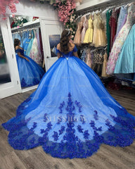 Misshow Royal Blue Ball Gown Off-Shoulder Sweetheart Neckline with Floral Lace Appliques & Beaded Detail for Quinceanera Sweet 16 or Princess Party