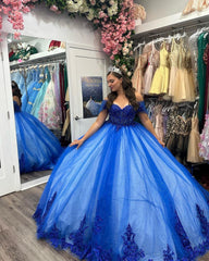 Misshow Royal Blue Ball Gown Off-Shoulder Sweetheart Neckline with Floral Lace Appliques & Beaded Detail for Quinceanera Sweet 16 or Princess Party