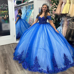 Misshow Royal Blue Ball Gown Off-Shoulder Sweetheart Neckline with Floral Lace Appliques & Beaded Detail for Quinceanera Sweet 16 or Princess Party