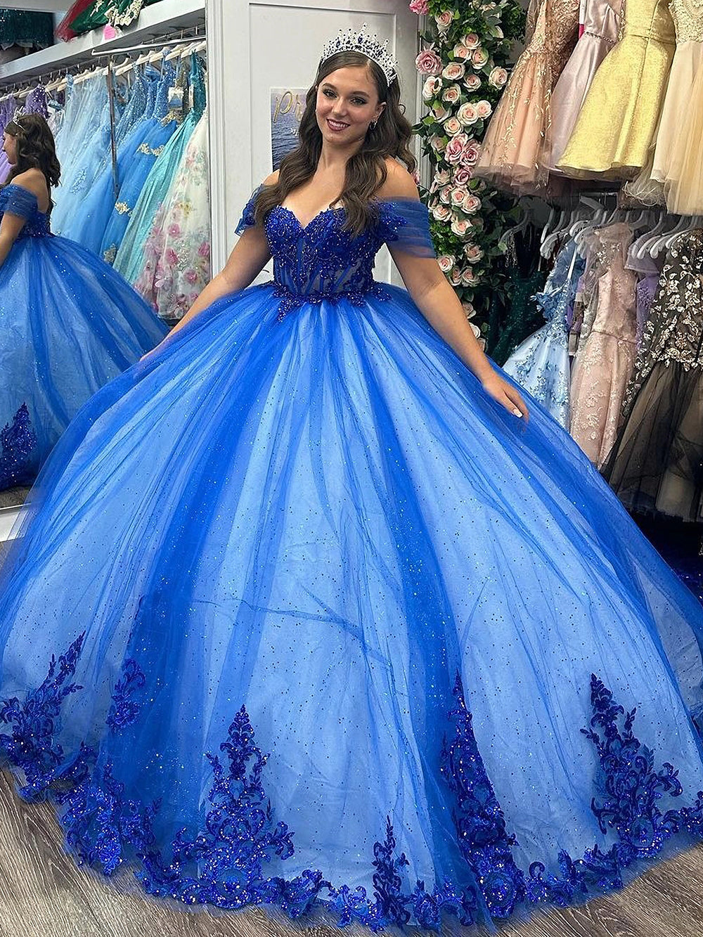 Misshow Royal Blue Ball Gown Off-Shoulder Sweetheart Neckline with Floral Lace Appliques & Beaded Detail for Quinceanera Sweet 16 or Princess Party