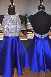 Misshow Royal Blue Beaded Backless Short Homecoming Dress/Mini Dress