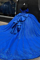 Misshow Royal Blue Beaded Ball Gown Off-Shoulder Sparkly Tulle Quinceanera Dress with Sequins & Bow Detail for Sweet 16 Evening & Formal Events