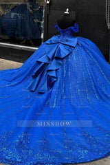 Misshow Royal Blue Beaded Ball Gown Off-Shoulder Sparkly Tulle Quinceanera Dress with Sequins & Bow Detail for Sweet 16 Evening & Formal Events