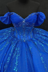Misshow Royal Blue Beaded Ball Gown Off-Shoulder Sparkly Tulle Quinceanera Dress with Sequins & Bow Detail for Sweet 16 Evening & Formal Events