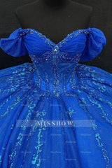 Misshow Royal Blue Beaded Ball Gown Off-Shoulder Sparkly Tulle Quinceanera Dress with Sequins & Bow Detail for Sweet 16 Evening & Formal Events