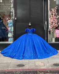Misshow Royal Blue Beaded Ball Gown Off-Shoulder Sparkly Tulle Quinceanera Dress with Sequins & Bow Detail for Sweet 16 Evening & Formal Events