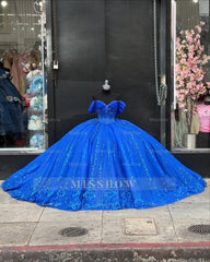 Misshow Royal Blue Beaded Ball Gown Off-Shoulder Sparkly Tulle Quinceanera Dress with Sequins & Bow Detail for Sweet 16 Evening & Formal Events