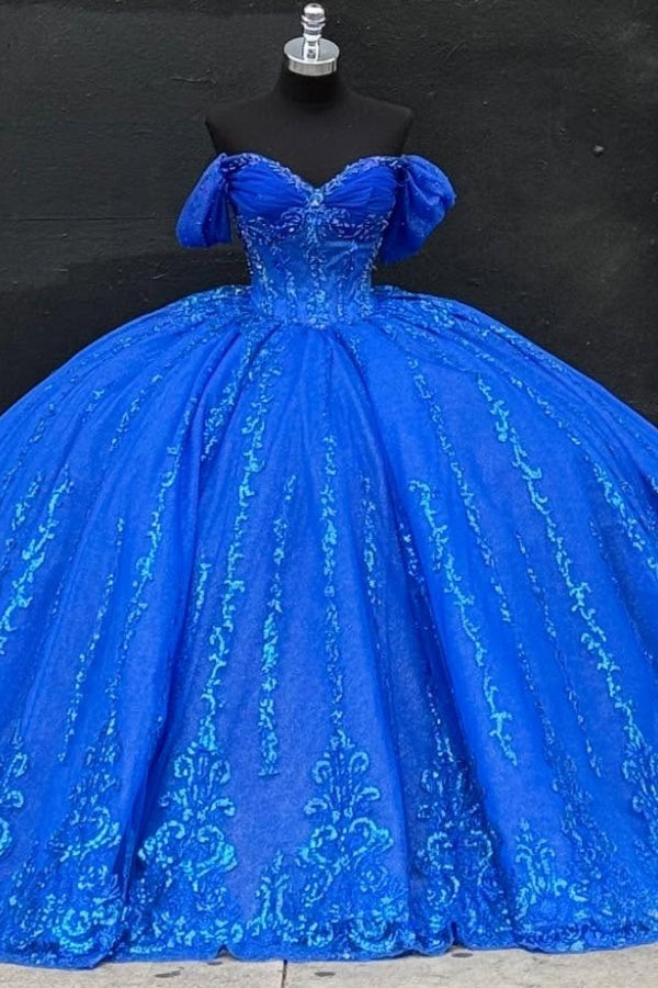 Misshow Royal Blue Beaded Ball Gown Off-Shoulder Sparkly Tulle Quinceanera Dress with Sequins & Bow Detail for Sweet 16 Evening & Formal Events