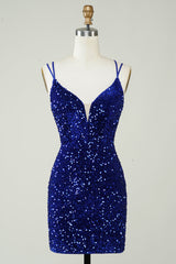 Misshow Royal Blue Criss-Cross Straps Sequins Tight Short Hoco Dress