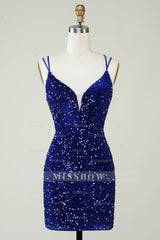 Misshow Royal Blue Criss-Cross Straps Sequins Tight Short Hoco Dress