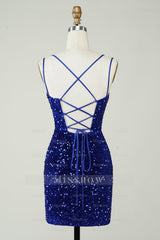 Misshow Royal Blue Criss-Cross Straps Sequins Tight Short Hoco Dress