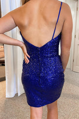 Misshow Royal Blue Glitter One Shoulder Tight Homecoming Dress/Mini Dress