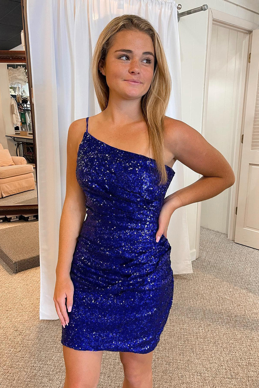 Misshow Royal Blue Glitter One Shoulder Tight Homecoming Dress/Mini Dress