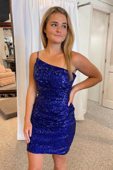 Misshow Royal Blue Glitter One Shoulder Tight Homecoming Dress/Mini Dress