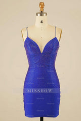 Misshow Royal Blue Halter Beaded Tight Short Homecoming Dress/Mini Dress
