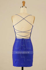 Misshow Royal Blue Halter Beaded Tight Short Homecoming Dress/Mini Dress