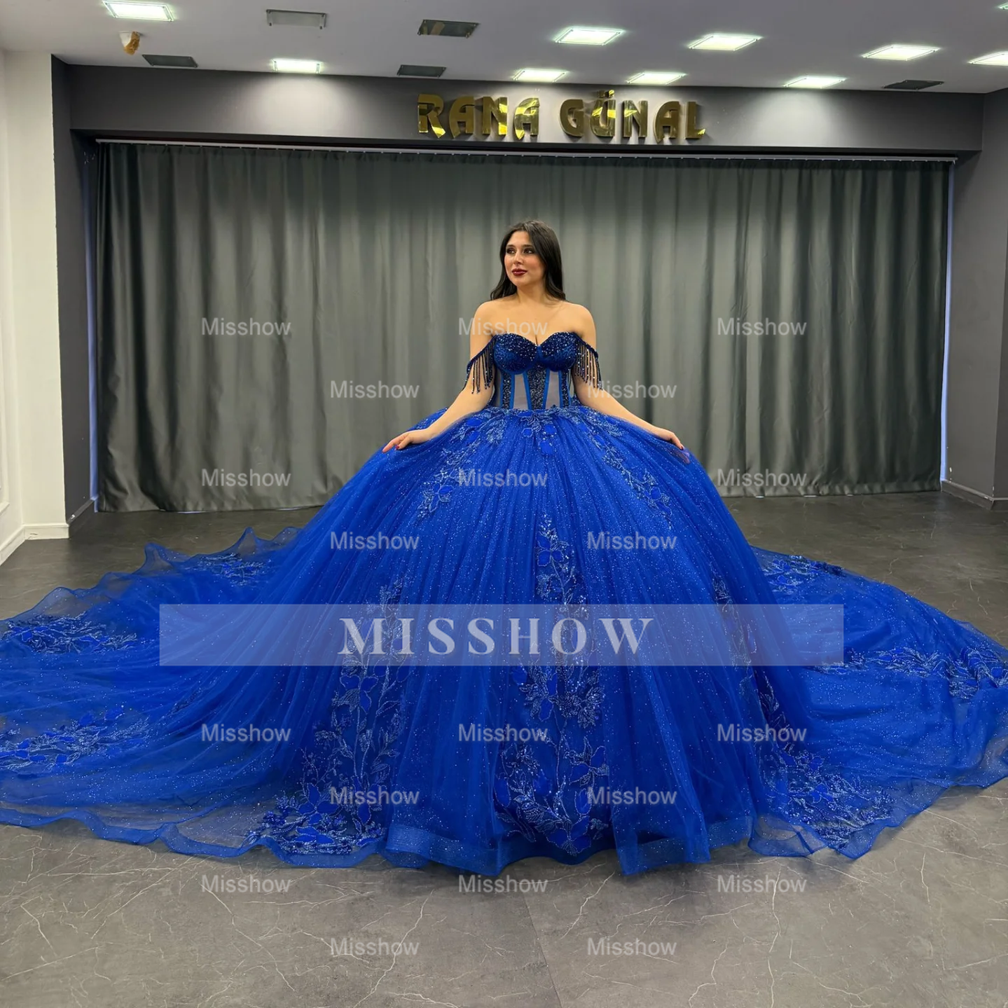 Misshow Royal Blue Off-Shoulder Ball Gown Beaded Pleated Tulle Quinceanera Dress for Sweet 16 & Formal Evenings