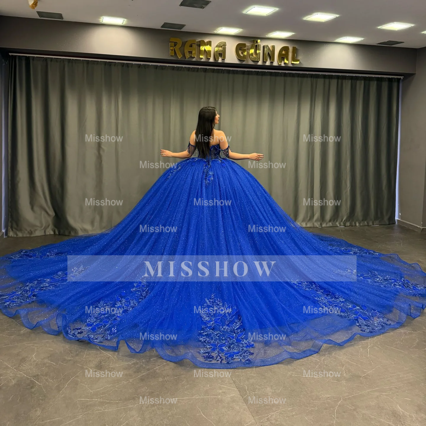 Misshow Royal Blue Off-Shoulder Ball Gown Beaded Pleated Tulle Quinceanera Dress for Sweet 16 & Formal Evenings
