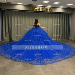 Misshow Royal Blue Off-Shoulder Ball Gown Beaded Pleated Tulle Quinceanera Dress for Sweet 16 & Formal Evenings