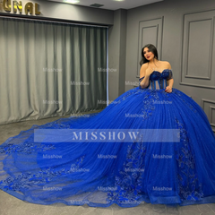 Misshow Royal Blue Off-Shoulder Ball Gown Beaded Pleated Tulle Quinceanera Dress for Sweet 16 & Formal Evenings