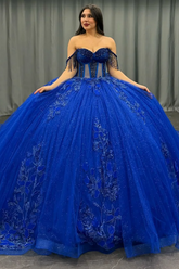 Misshow Royal Blue Off-Shoulder Ball Gown Beaded Pleated Tulle Quinceanera Dress for Sweet 16 & Formal Evenings