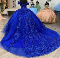 Misshow Royal Blue Off-Shoulder Ball Gown Lace & Beaded Quinceanera Dress for Sweet 16 & Prom
