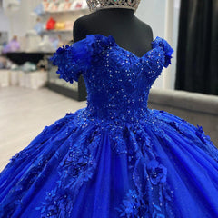 Misshow Royal Blue Off-Shoulder Ball Gown Lace & Beaded Quinceanera Dress for Sweet 16 & Prom