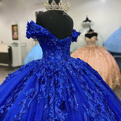 Misshow Royal Blue Off-Shoulder Ball Gown Lace & Beaded Quinceanera Dress for Sweet 16 & Prom