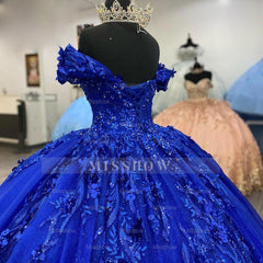 Misshow Royal Blue Off-Shoulder Ball Gown Lace & Beaded Quinceanera Dress for Sweet 16 & Prom