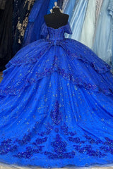 Misshow Royal Blue Off-Shoulder Ball Gown Sequined Pleated Tulle Quinceanera Dress for Sweet 16 & Formal Evenings