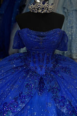Misshow Royal Blue Off-Shoulder Ball Gown Sequined Pleated Tulle Quinceanera Dress for Sweet 16 & Formal Evenings
