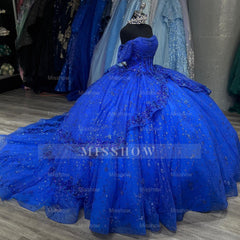Misshow Royal Blue Off-Shoulder Ball Gown Sequined Pleated Tulle Quinceanera Dress for Sweet 16 & Formal Evenings