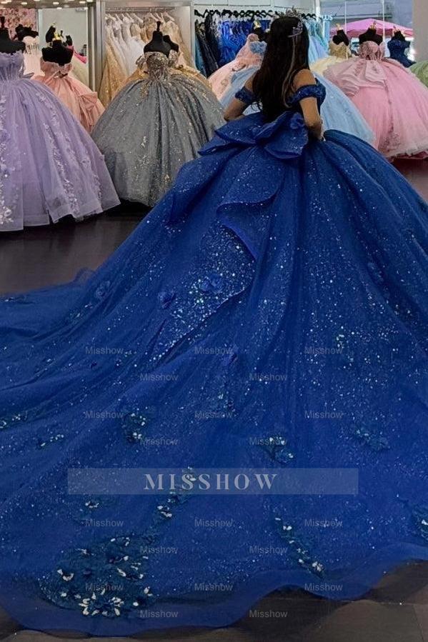 Misshow Royal Blue Off-Shoulder Ball Gown Sparkling 3D Flower Appliques & Bow Detail Quinceanera Dress for Sweet 16 Evening & Formal Events