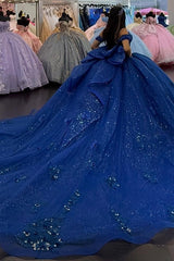 Misshow Royal Blue Off-Shoulder Ball Gown Sparkling 3D Flower Appliques & Bow Detail Quinceanera Dress for Sweet 16 Evening & Formal Events