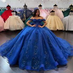 Misshow Royal Blue Off-Shoulder Ball Gown Sparkling 3D Flower Appliques & Bow Detail Quinceanera Dress for Sweet 16 Evening & Formal Events