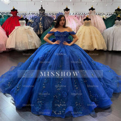Misshow Royal Blue Off-Shoulder Ball Gown Sparkling 3D Flower Appliques & Bow Detail Quinceanera Dress for Sweet 16 Evening & Formal Events
