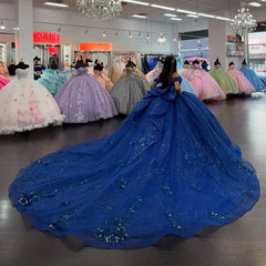 Misshow Royal Blue Off-Shoulder Ball Gown Sparkling 3D Flower Appliques & Bow Detail Quinceanera Dress for Sweet 16 Evening & Formal Events