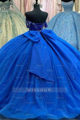 Misshow Royal Blue Off-Shoulder Ball Gown Sparkly Beaded Tulle Quinceanera Dress with Pleated Skirt & Lace-Up Back for Sweet 16 or Birthday Parties