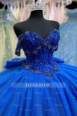 Misshow Royal Blue Off-Shoulder Ball Gown Sparkly Beaded Tulle Quinceanera Dress with Pleated Skirt & Lace-Up Back for Sweet 16 or Birthday Parties