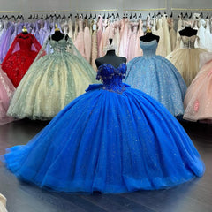 Misshow Royal Blue Off-Shoulder Ball Gown Sparkly Beaded Tulle Quinceanera Dress with Pleated Skirt & Lace-Up Back for Sweet 16 or Birthday Parties