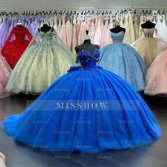 Misshow Royal Blue Off-Shoulder Ball Gown Sparkly Beaded Tulle Quinceanera Dress with Pleated Skirt & Lace-Up Back for Sweet 16 or Birthday Parties