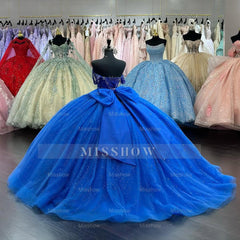 Misshow Royal Blue Off-Shoulder Ball Gown Sparkly Beaded Tulle Quinceanera Dress with Pleated Skirt & Lace-Up Back for Sweet 16 or Birthday Parties