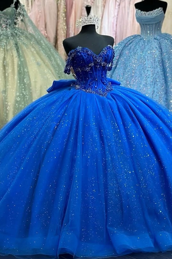 Misshow Royal Blue Off-Shoulder Ball Gown Sparkly Beaded Tulle Quinceanera Dress with Pleated Skirt & Lace-Up Back for Sweet 16 or Birthday Parties